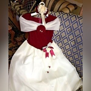 GIRLS 9/10 FORMAL GOWN-BARRETTE FORMAL WEDDING HOLIDAY Burgundy VELVET Ivory